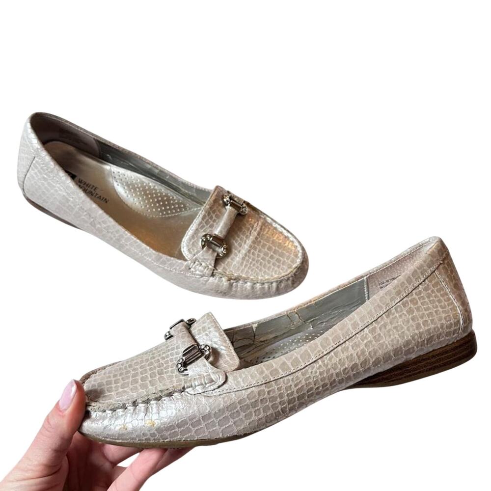 White Mountain Metallic Faux Snakeskin Leather Horsebit Loafers Embossed Flat 8